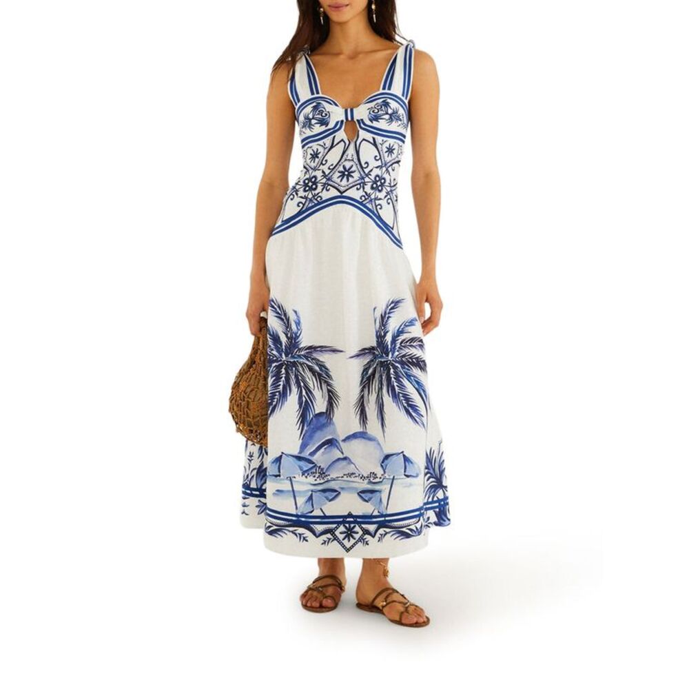 Farm Rio Women Long Linen Dress With Tropical Print - Picture 2 of 4